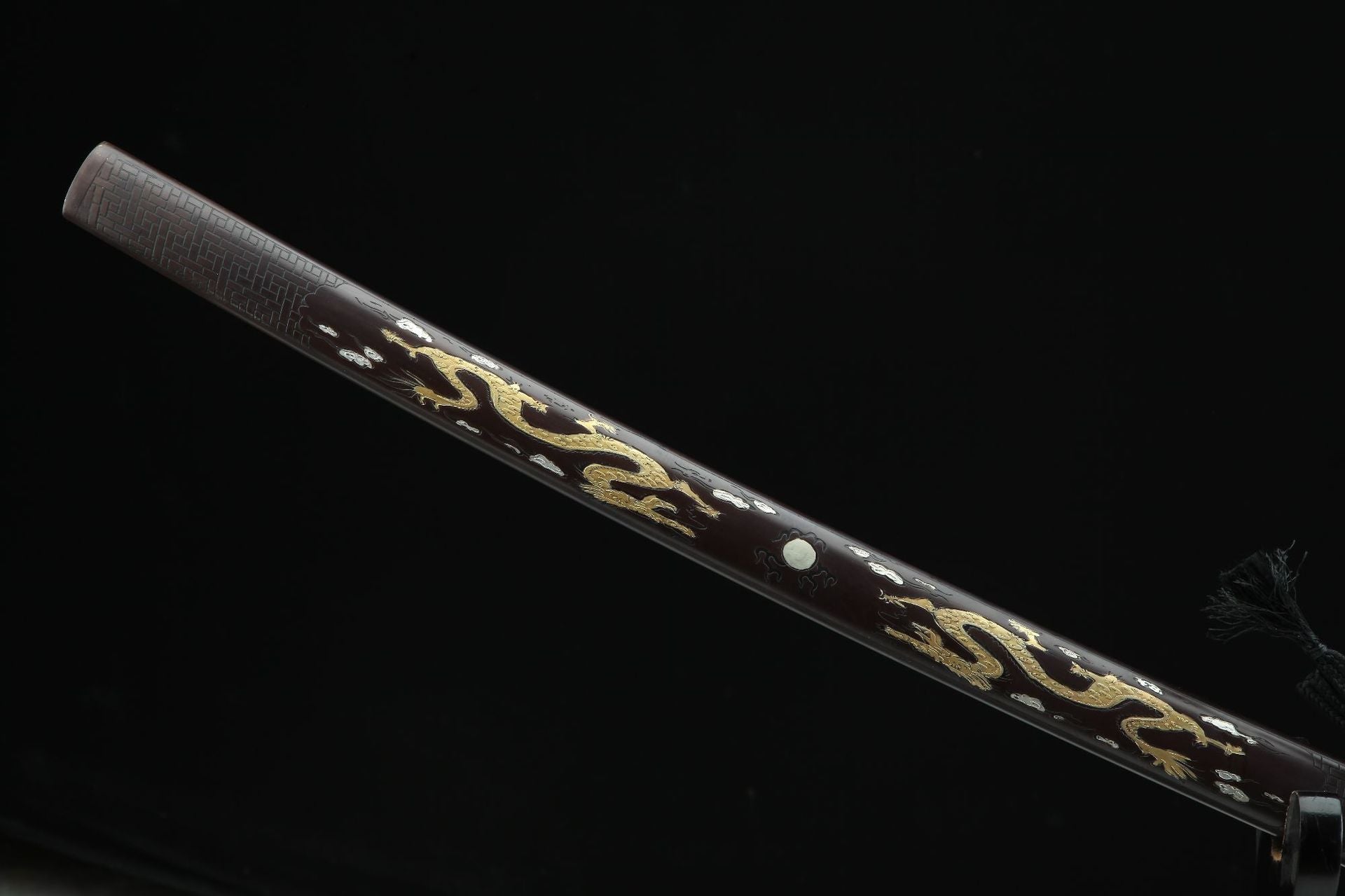 Full view of the Ssangyong katana's saya, adorned with shell inlay and golden loong motifs.