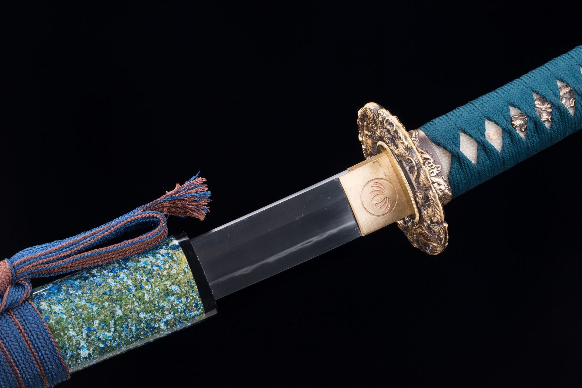 A high-end T10 katana partially sheathed in its scabbard, showcasing the polished blade and natural high-quality lacquer finish of the scabbard.