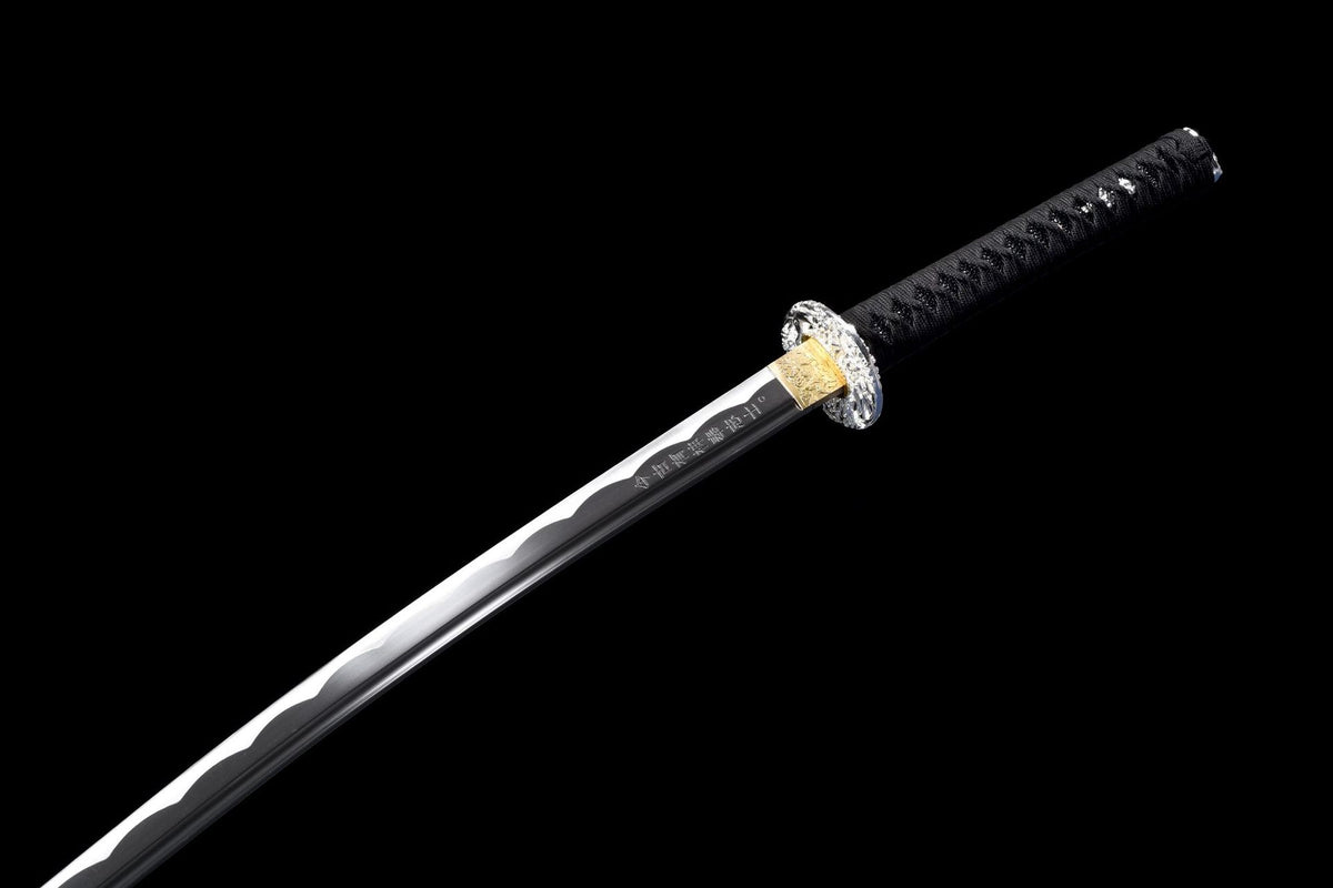 Heat-treated 1045 steel blade with decorative wave line and blade inscription