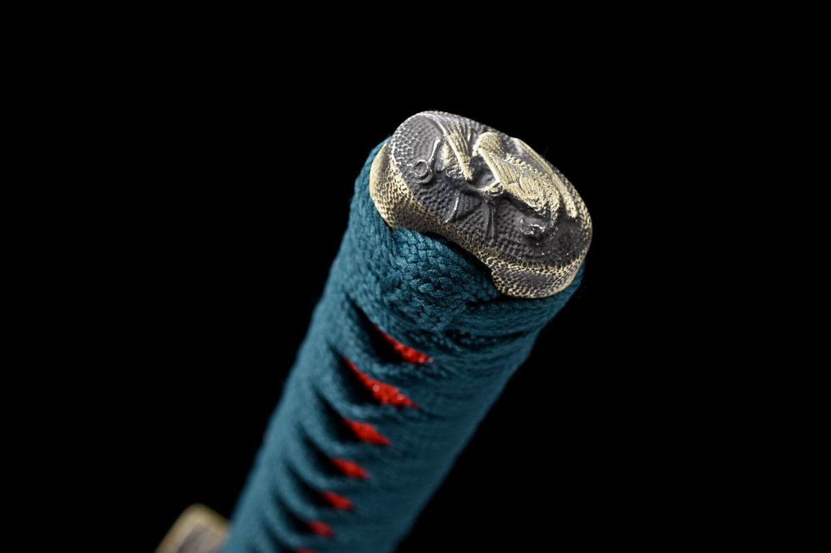 The One Piece Kyoshiro Katana, showing the black speckled saya and dark blue sageo
