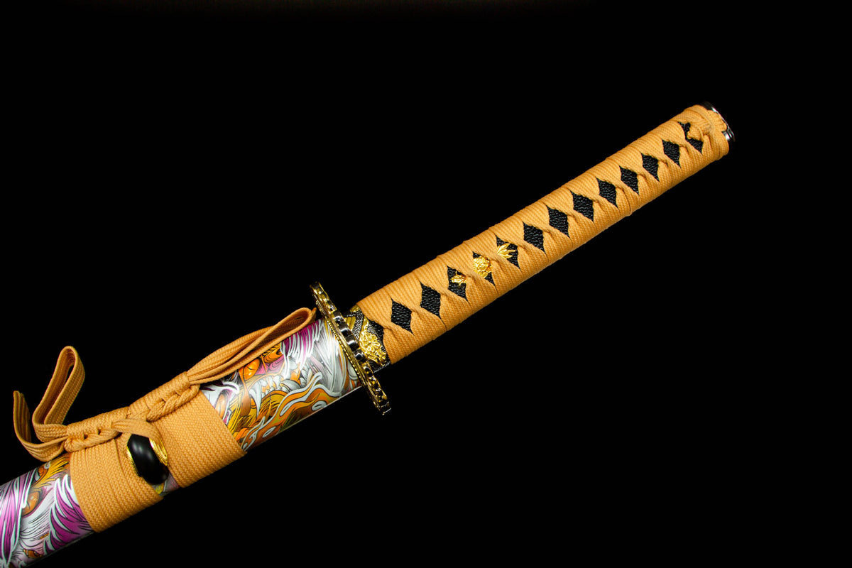 Close-up of the Indigo Lightning Katana’s gold handle wrap, guard, and colorful saya