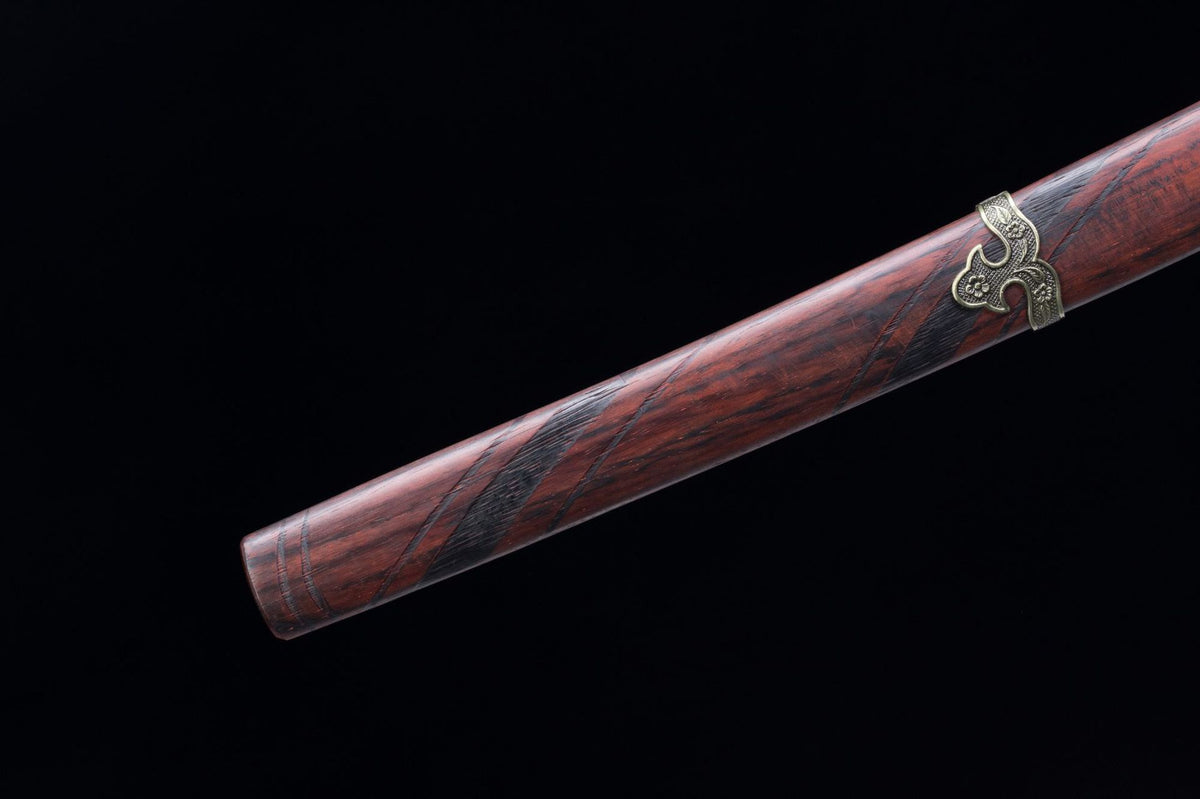 The Sekiro: Raijin Katana, showing the red-and-black patterned saya