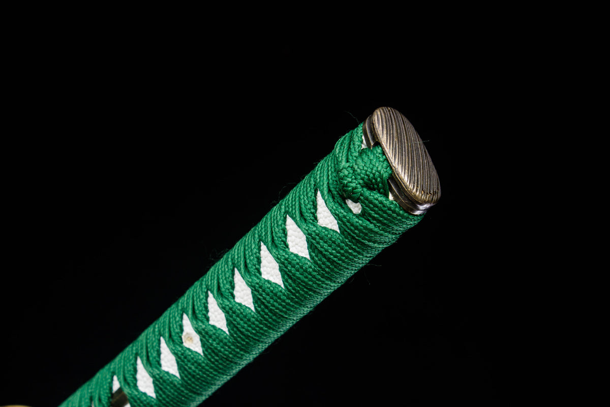 The Jade Striation Katana with the engraved blade and bright fittings