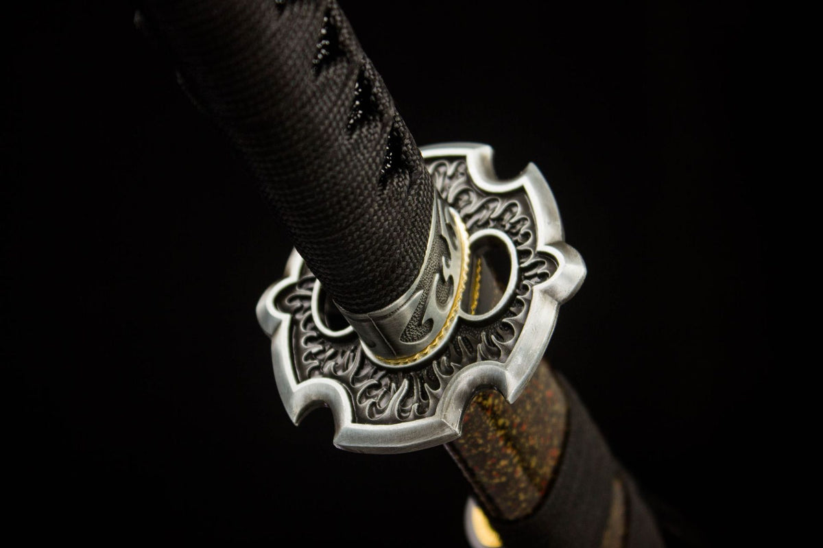 Detail view of the Moonlit Dragon Katana, showing the pale blade and illustrated saya