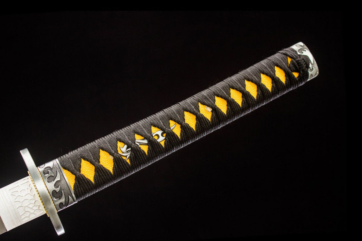 Close-up detail of the Gilded Dragon Katana, including the black and gold handle wrap