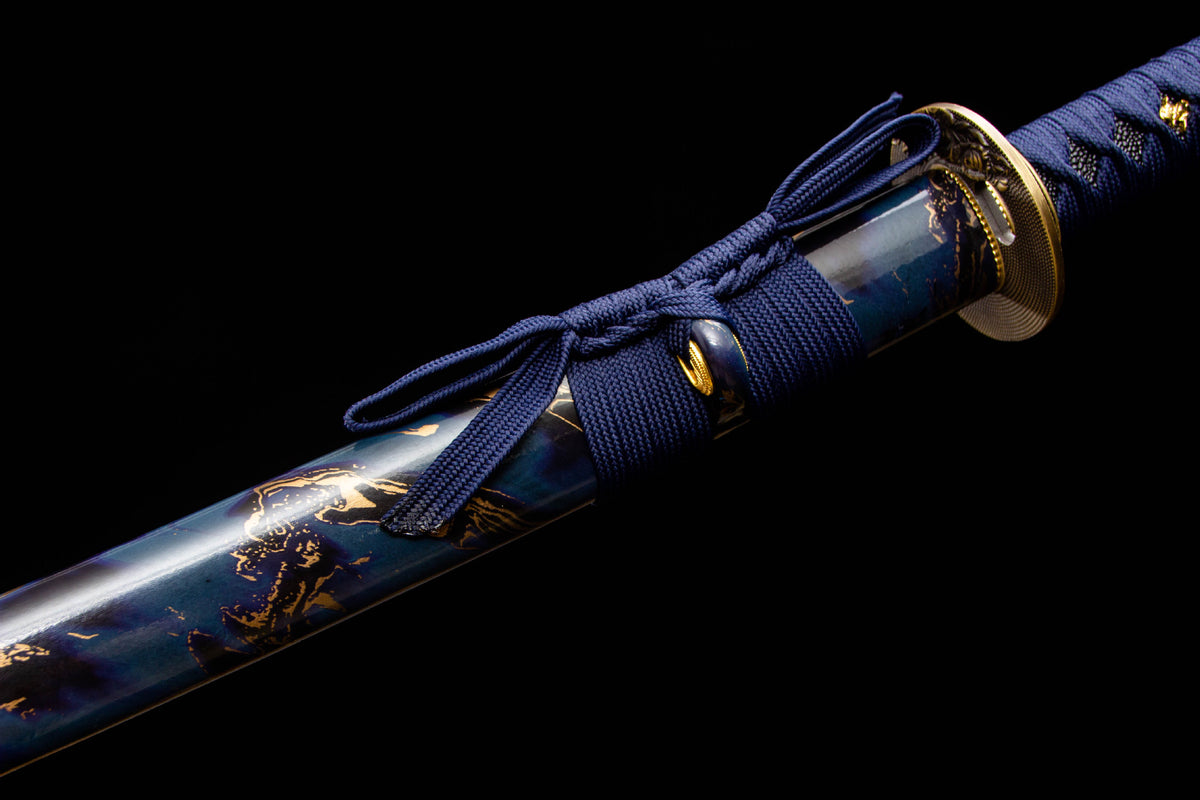 Midnight Studwork Katana showing the blue handle wrap and decorated saya