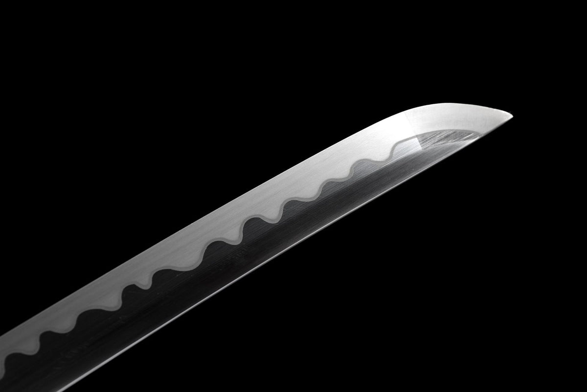 Detail view of the Garden at Dusk Katana, showing the blue handle wrap and gold collar