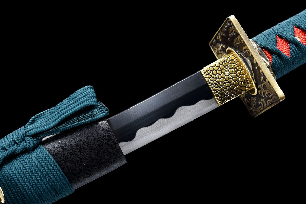 Close-up detail of the One Piece Kyoshiro Katana, including the teal handle wrap and metal fittings