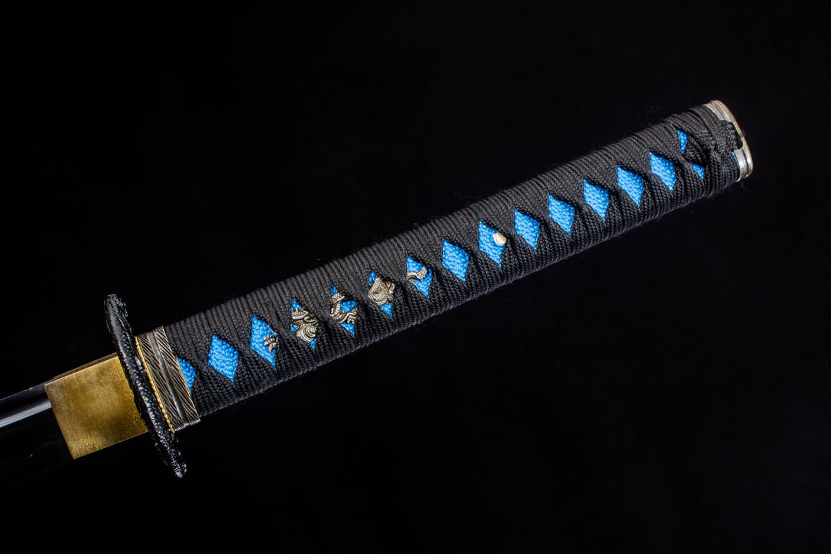 Detail view of the Cobalt Shadow Katana, showing the blue-black saya and cobalt handle wrap