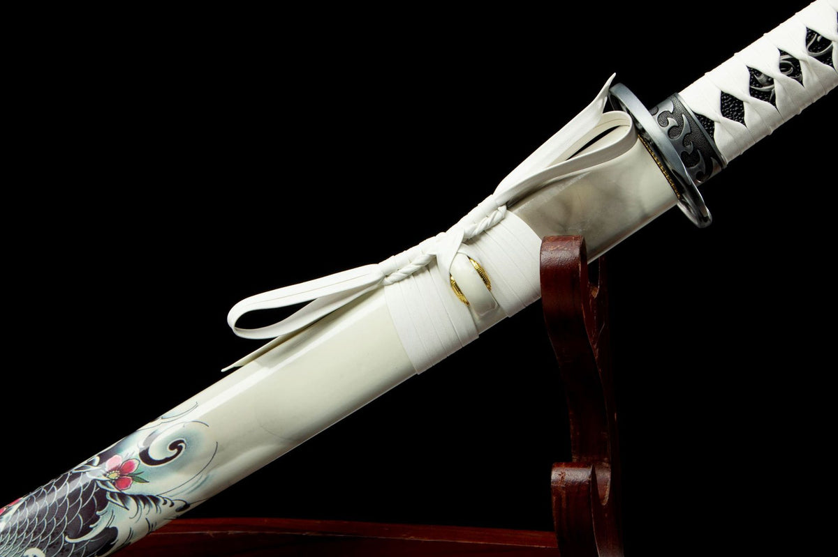 Close-up detail of the Clouded Dragon Katana, including the polished blade and bo-hi