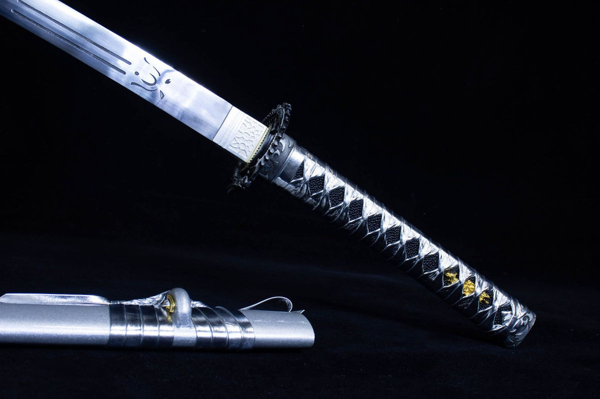 Silver Cloud Katana showing the colorful dragon artwork on the saya