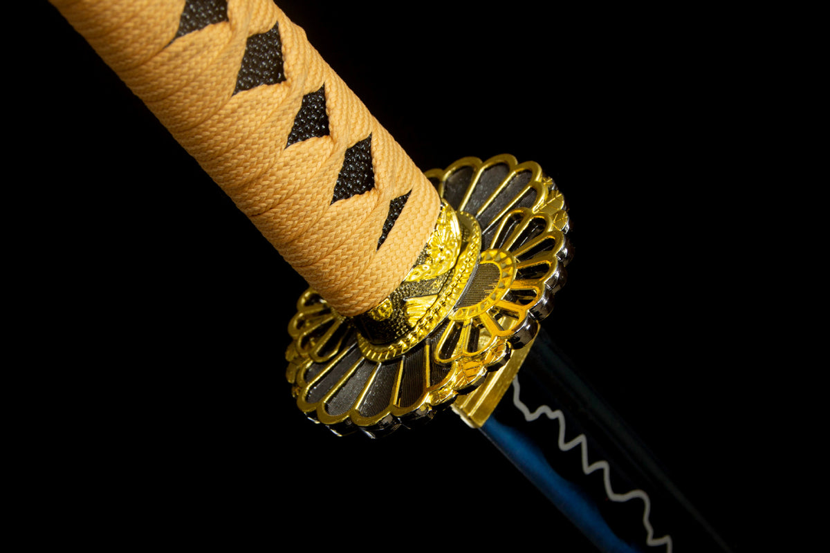 Detail view of the Indigo Lightning Katana, showing the blue-toned bo-hi blade