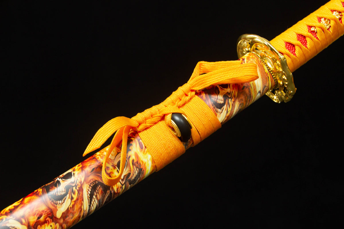 The Twin Rivers Katana, showing the orange handle wrap and guard