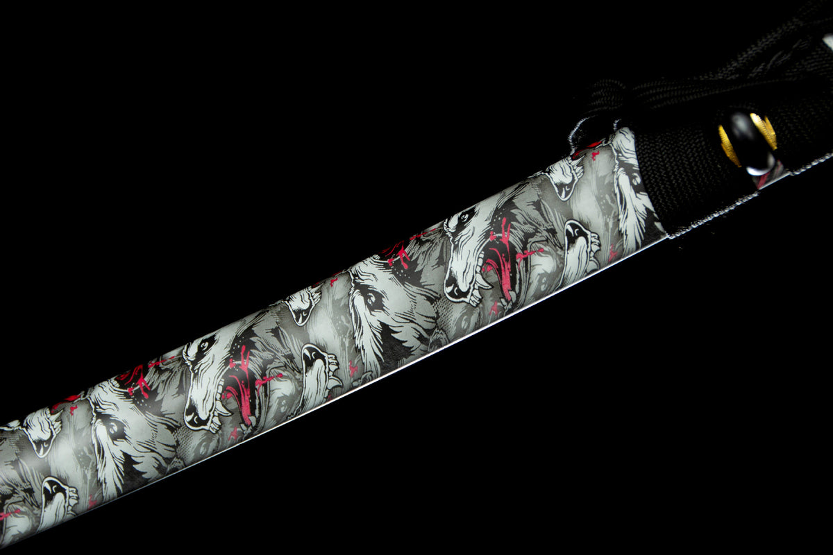 Detail view of the Autumn Mist Katana, showing the pale patterned saya and black handle