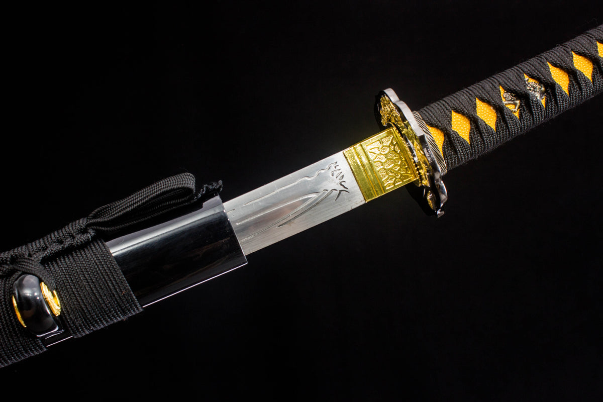 The Gilded Coil Katana, showing the long gold coil motif