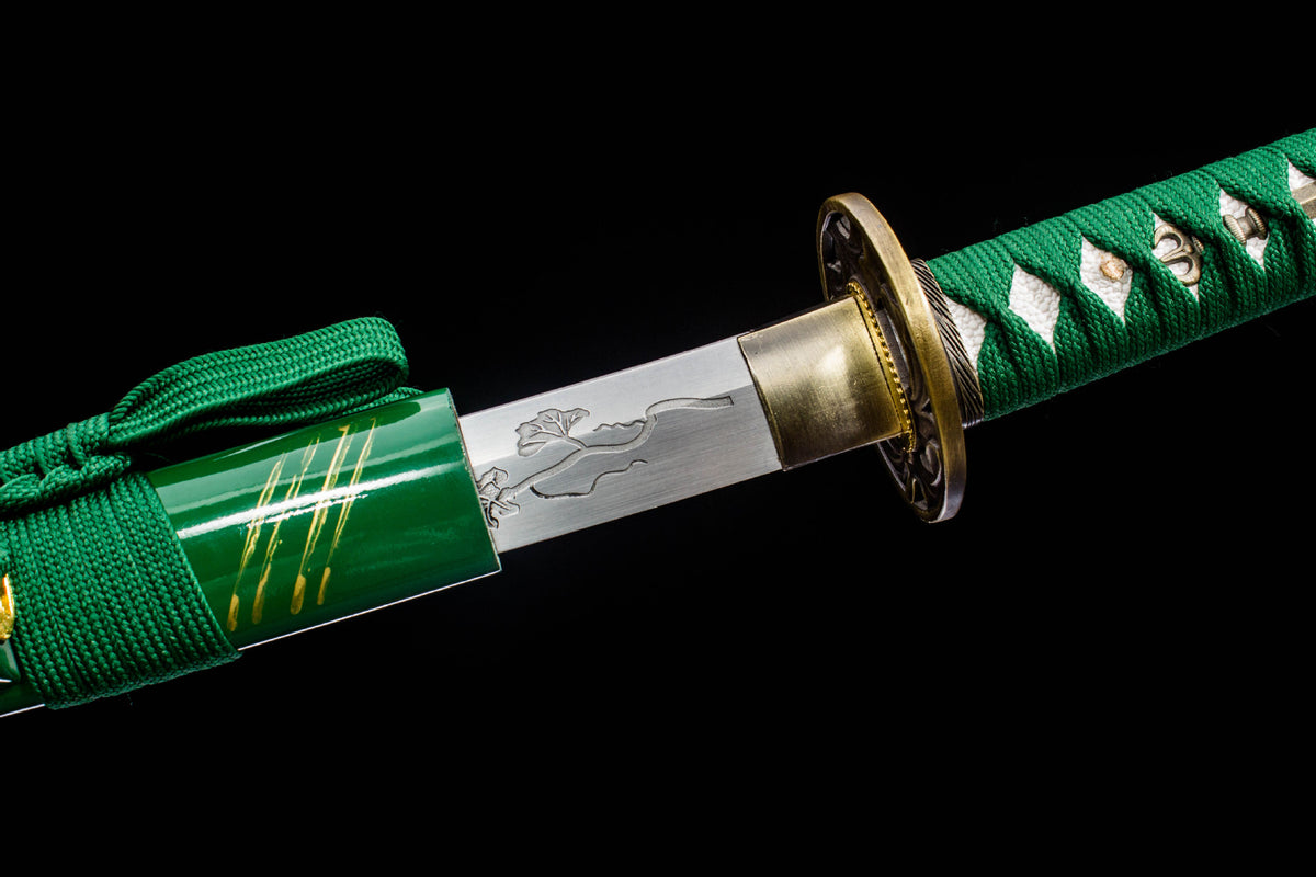 The Jade Striation Katana with the engraved blade and bright fittings