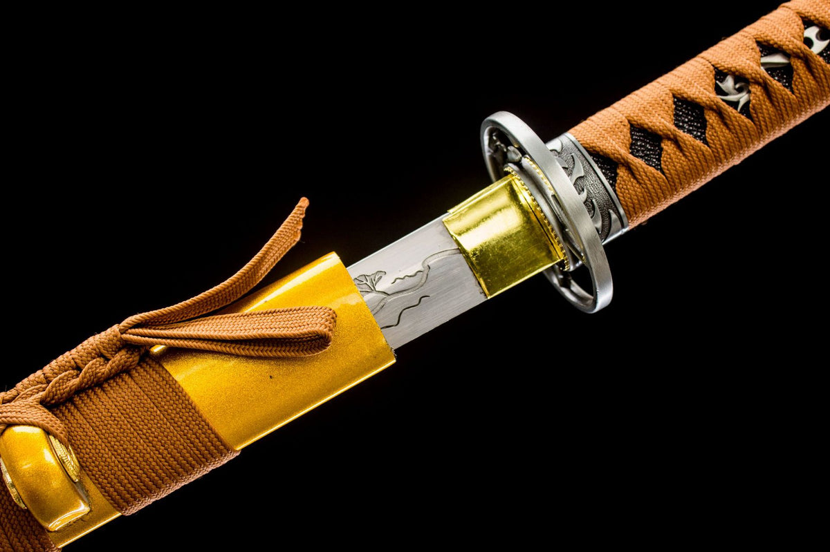 Aureate Koi Katana showing the decorated blade and lacquered saya