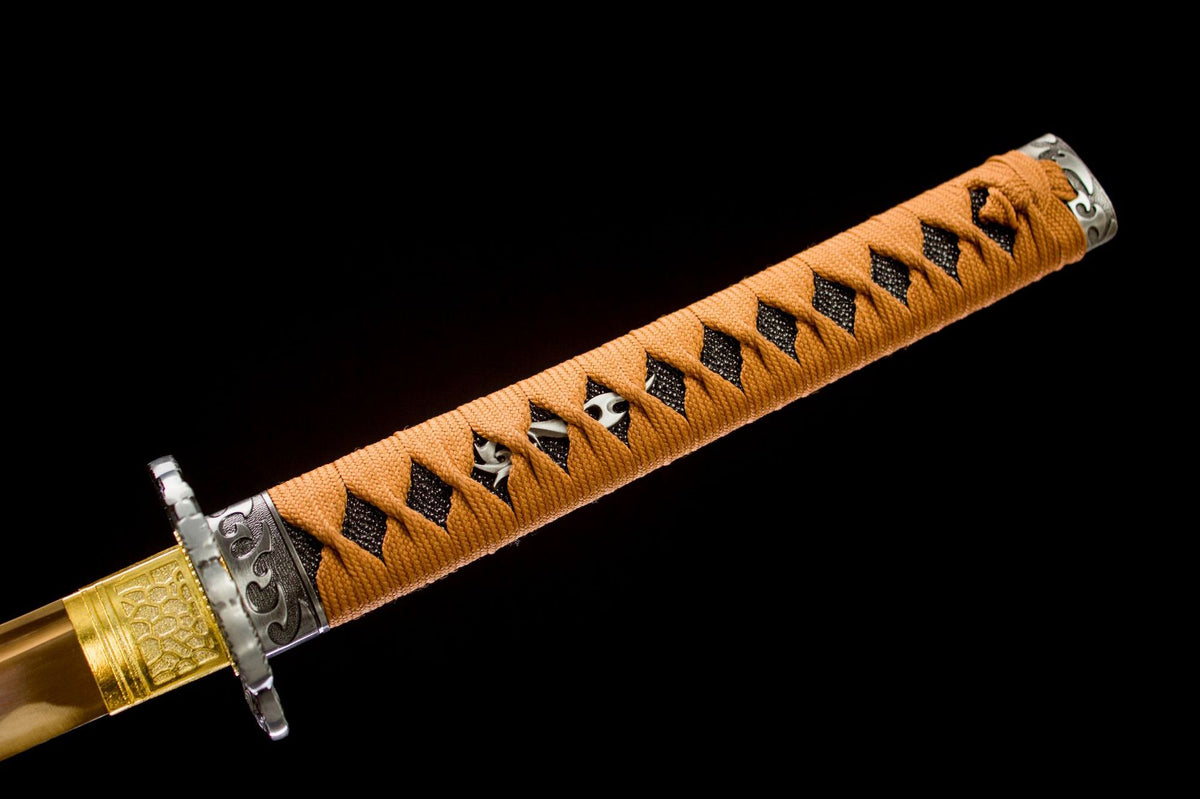 Full-length view of gold blade beside lacquered wood scabbard