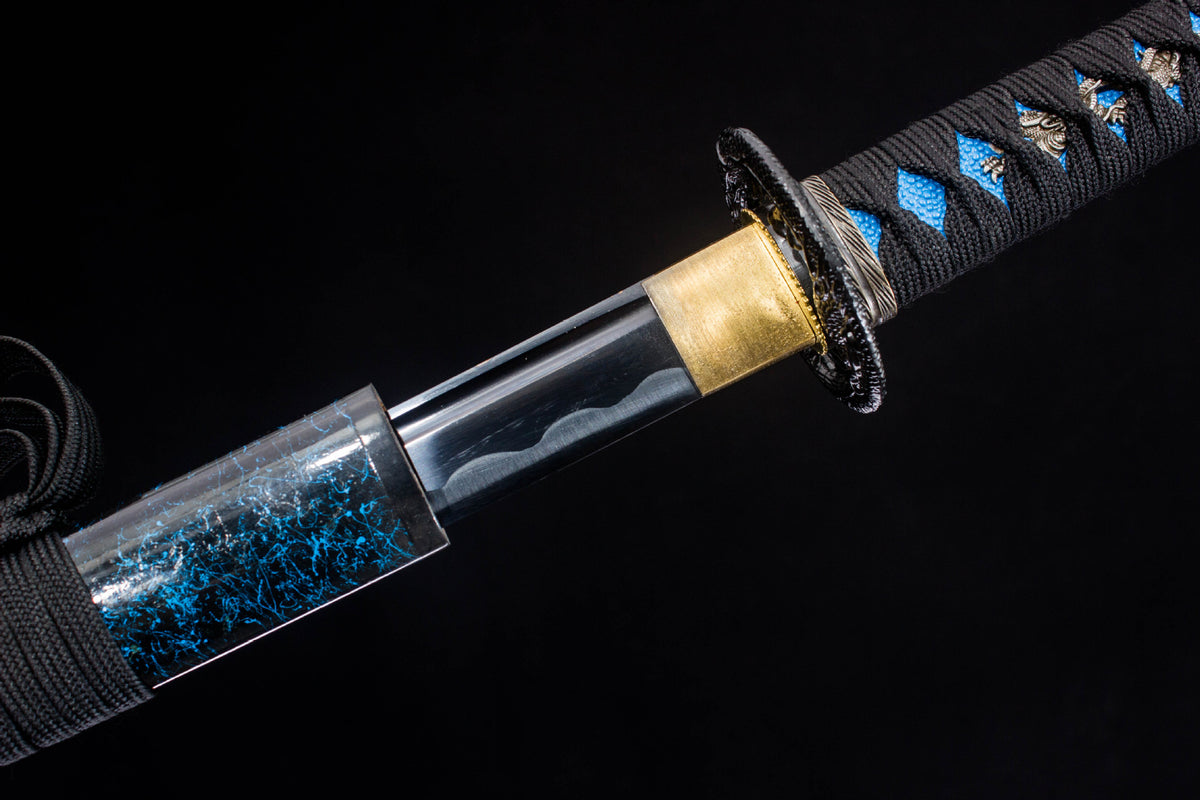 The Cobalt Shadow Katana, showing the bo-hi blade and guard