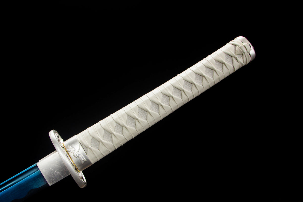White Tide Katana showing the blue blade surface and white mounting