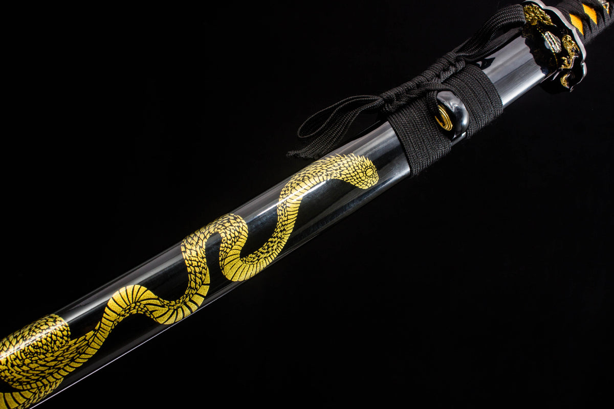 Close-up detail of the Gilded Coil Katana, including the dark handle wrap and fittings