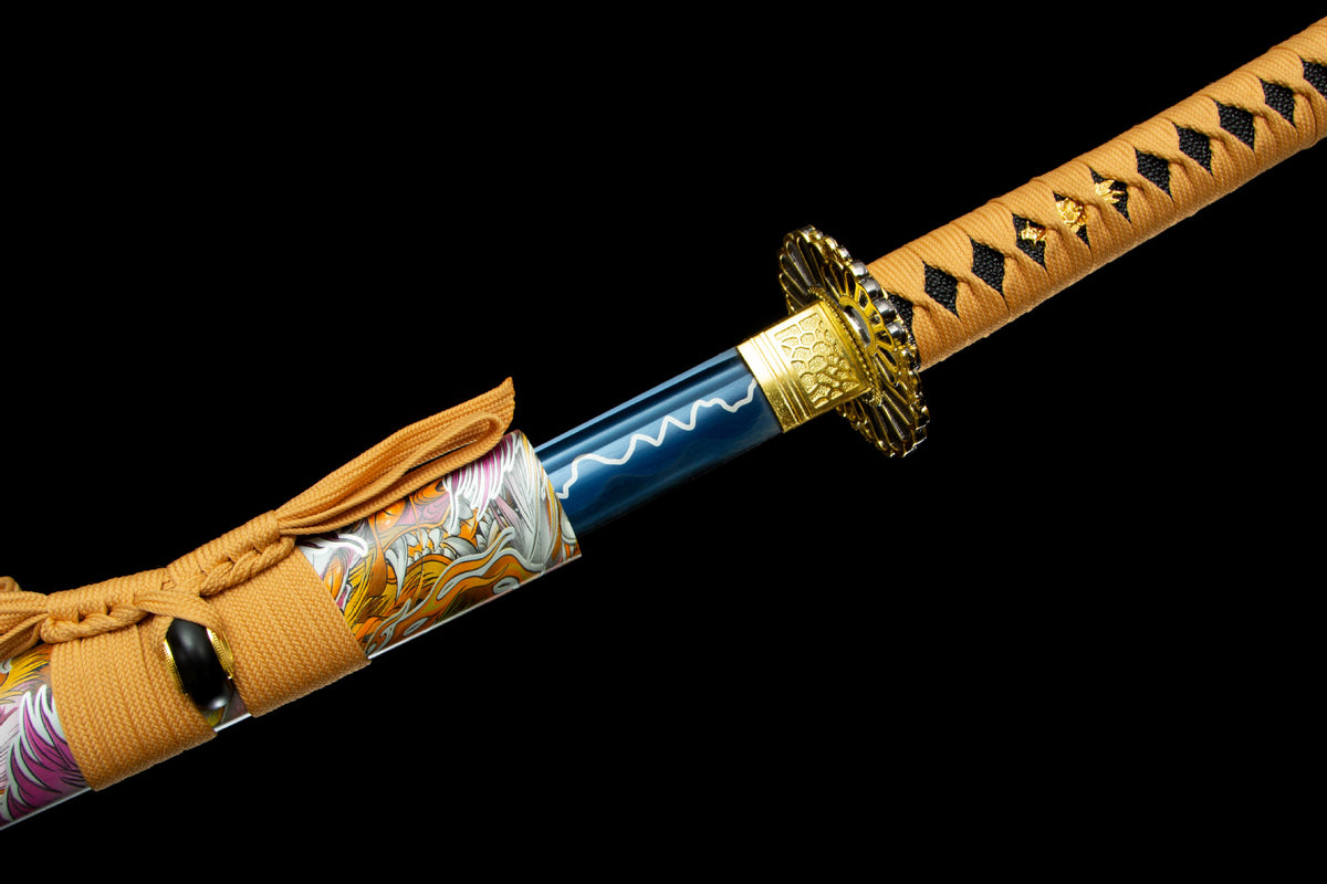 The Indigo Lightning Katana, showing the gold handle wrap and fittings