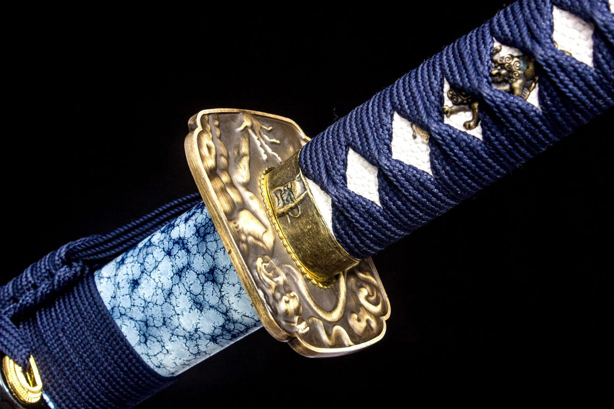 The Indigo Frost Katana, showing the blue-and-white speckled saya