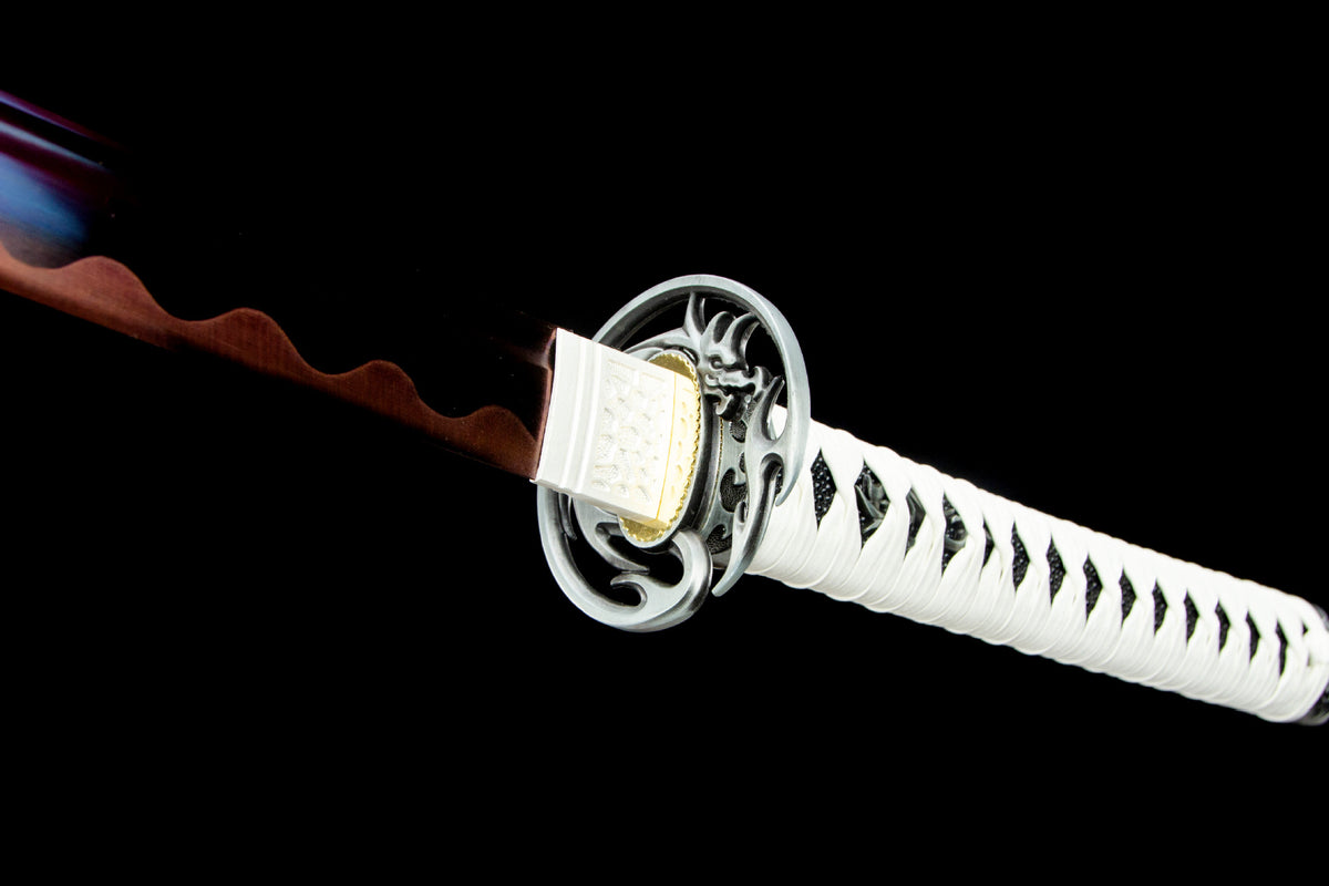 Clouded Dragon Katana displayed unsheathed with a polished blade and illustrated white saya
