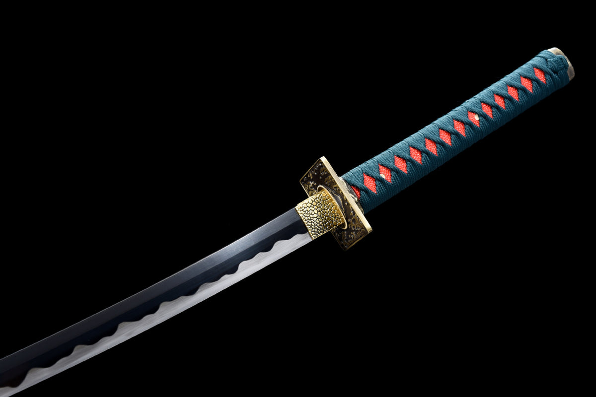 Detail view of the One Piece Kyoshiro Katana, showing the dark blade and teal handle wrap