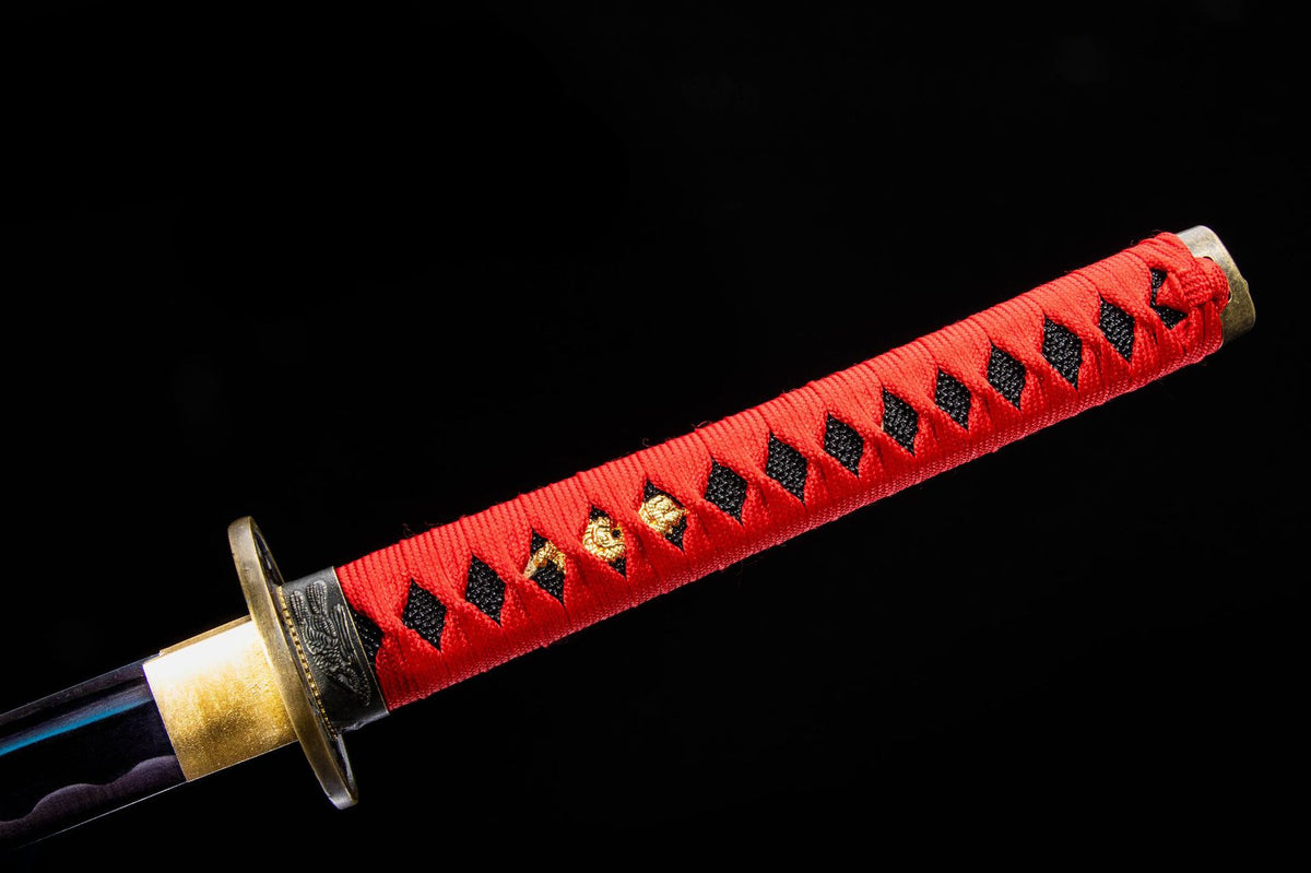Close-up detail of the Crimson Blossom Katana, including the pale blossom artwork on the lacquer