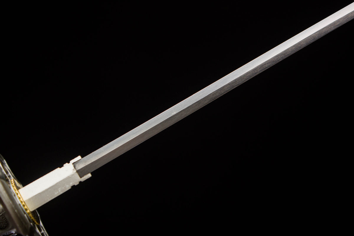 Detail view of the Moonlit Dragon Katana, showing the pale blade and illustrated saya
