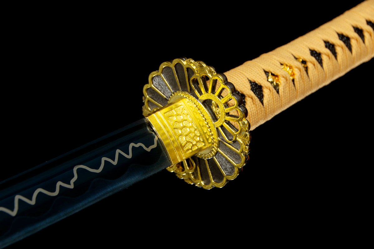 Close-up detail of the Indigo Lightning Katana, including the colorful illustrated saya