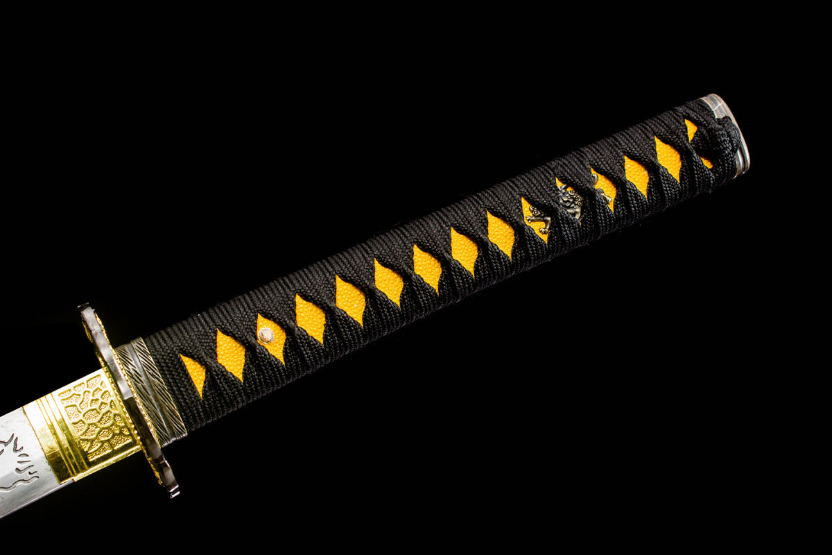 The Gilded Coil Katana with the gold serpentine artwork on the lacquer