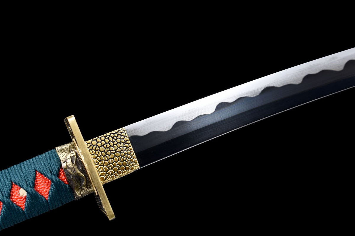 The One Piece Kyoshiro Katana, showing the black speckled saya and dark blue sageo