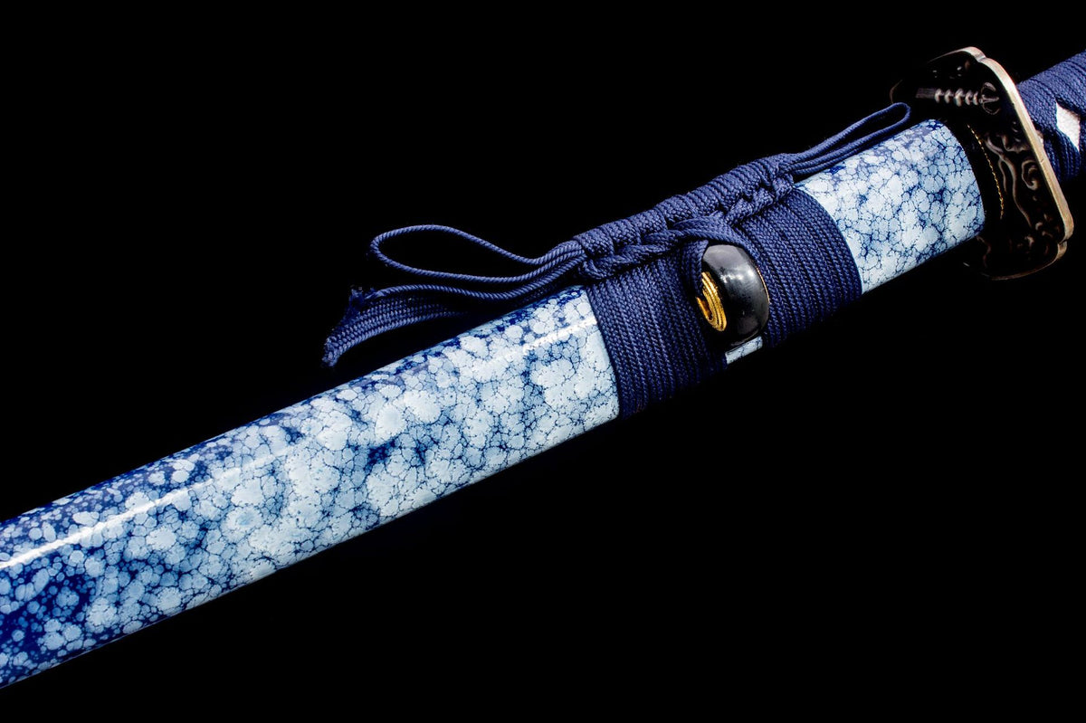 Close-up detail of the Indigo Frost Katana, including the pale diamond details in the wrap