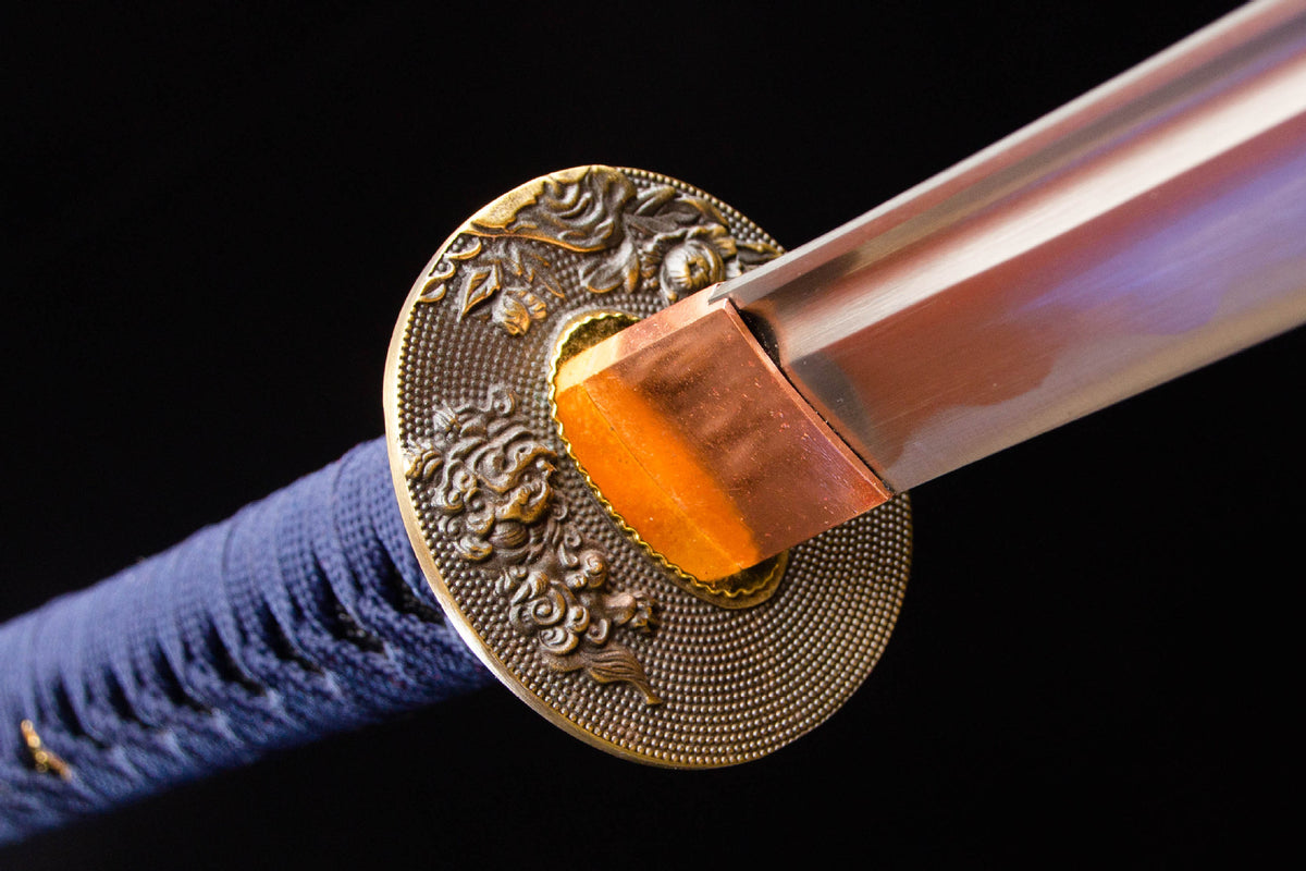 Midnight Studwork Katana showing the blue-and-gold saya and dark blue handle wrap
