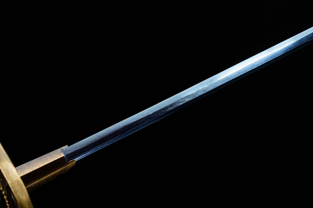 Detail view of the Crimson Blossom Katana, showing the blue-toned blade and dark handle