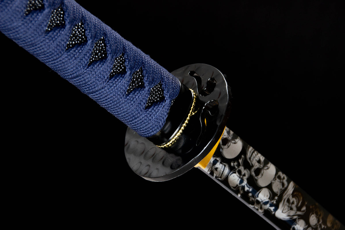 The Inkstorm Katana, showing the dark blade with pale etched motifs