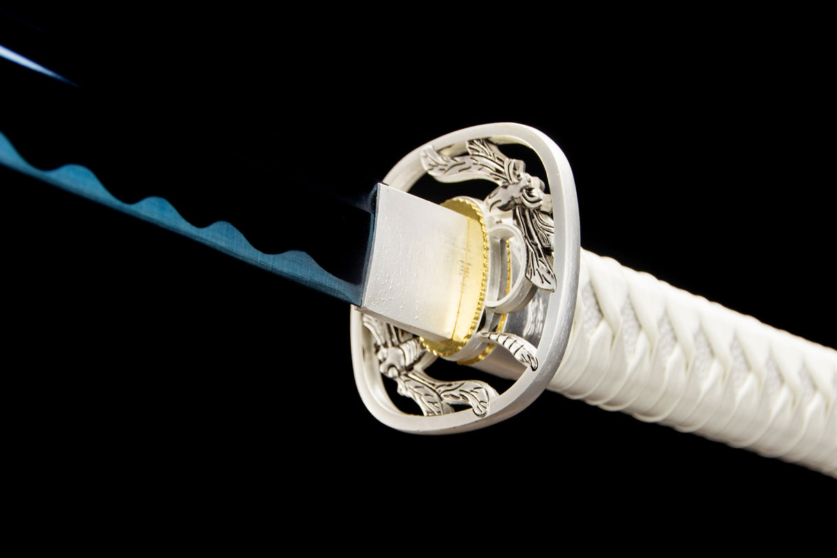 White Tide Katana showing the blue-finished blade and white handle wrap