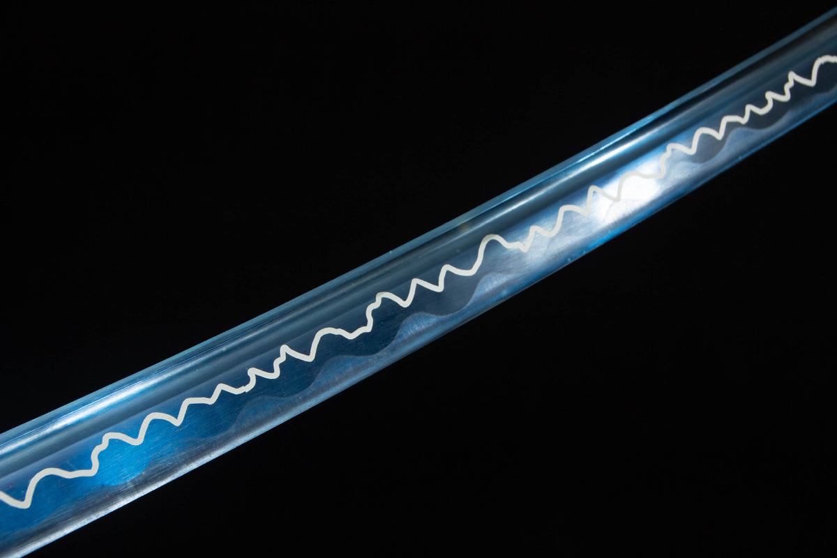 Detail view of the Indigo Lightning Katana, showing the blue-toned bo-hi blade