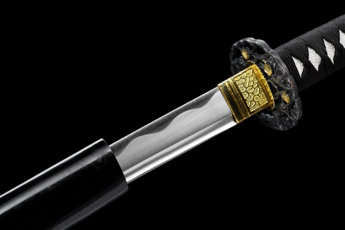 Kuro Katana partially drawn from glossy black painted wood saya