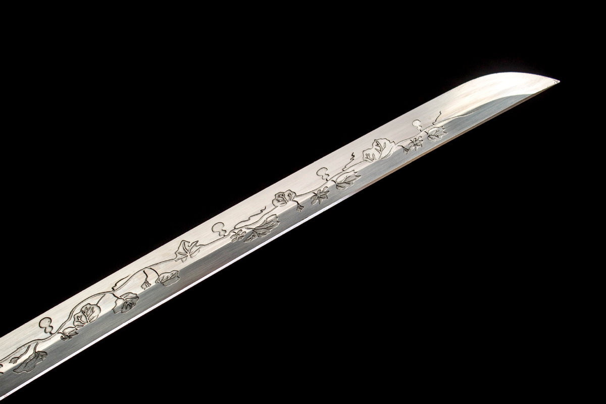Aureate Koi Katana with its yellow saya and orange handle viewed from the side