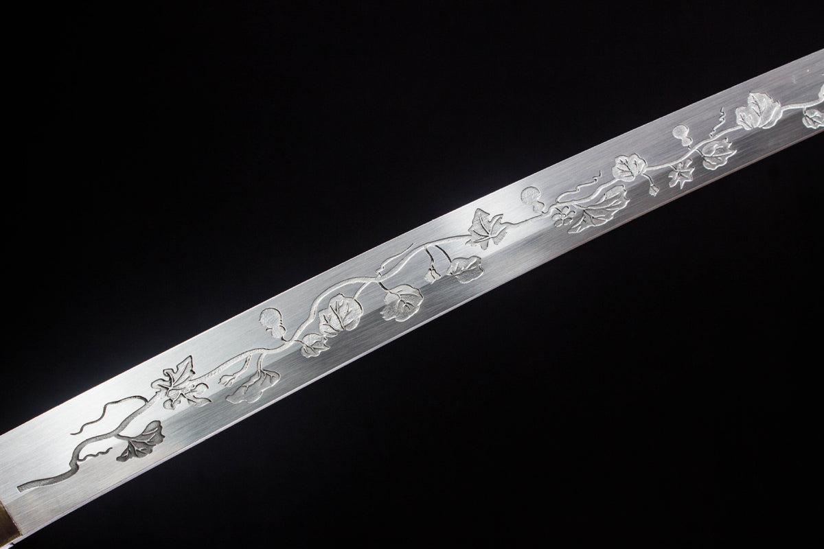 Detail view of the Jade Striation Katana, showing the green handle wrap and pale blade