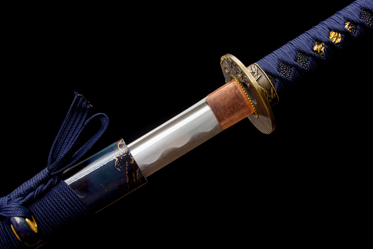 Midnight Studwork Katana showing the polished blade and dark blue handle
