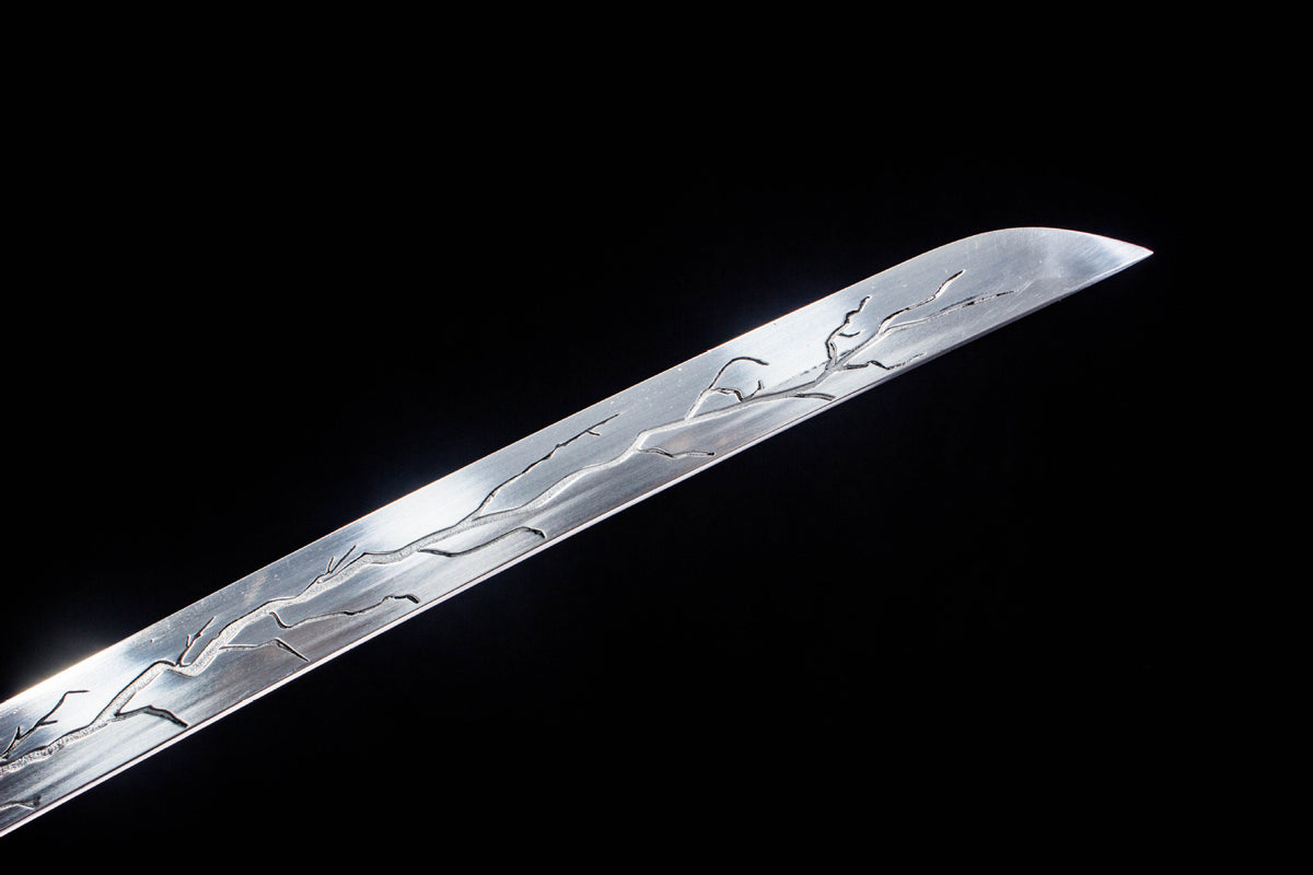 The Crimson Crackle Katana, showing the red crackle-textured saya
