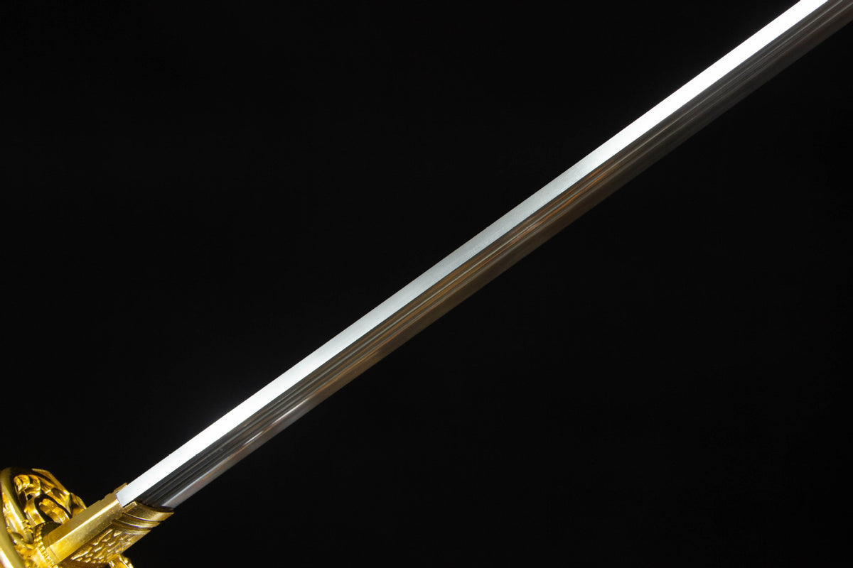 Close-up detail of the Twin Rivers Katana, including the gold dragon-patterned saya