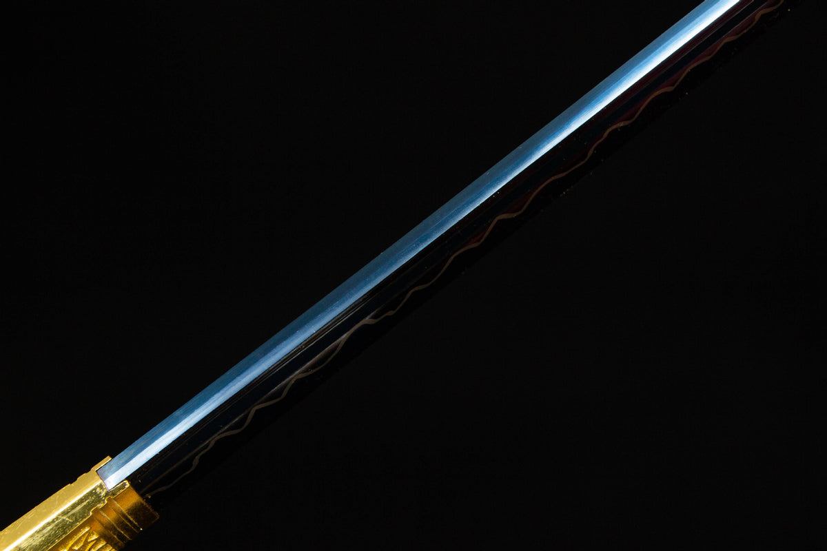 The Indigo Lightning Katana, showing the gold handle wrap and fittings