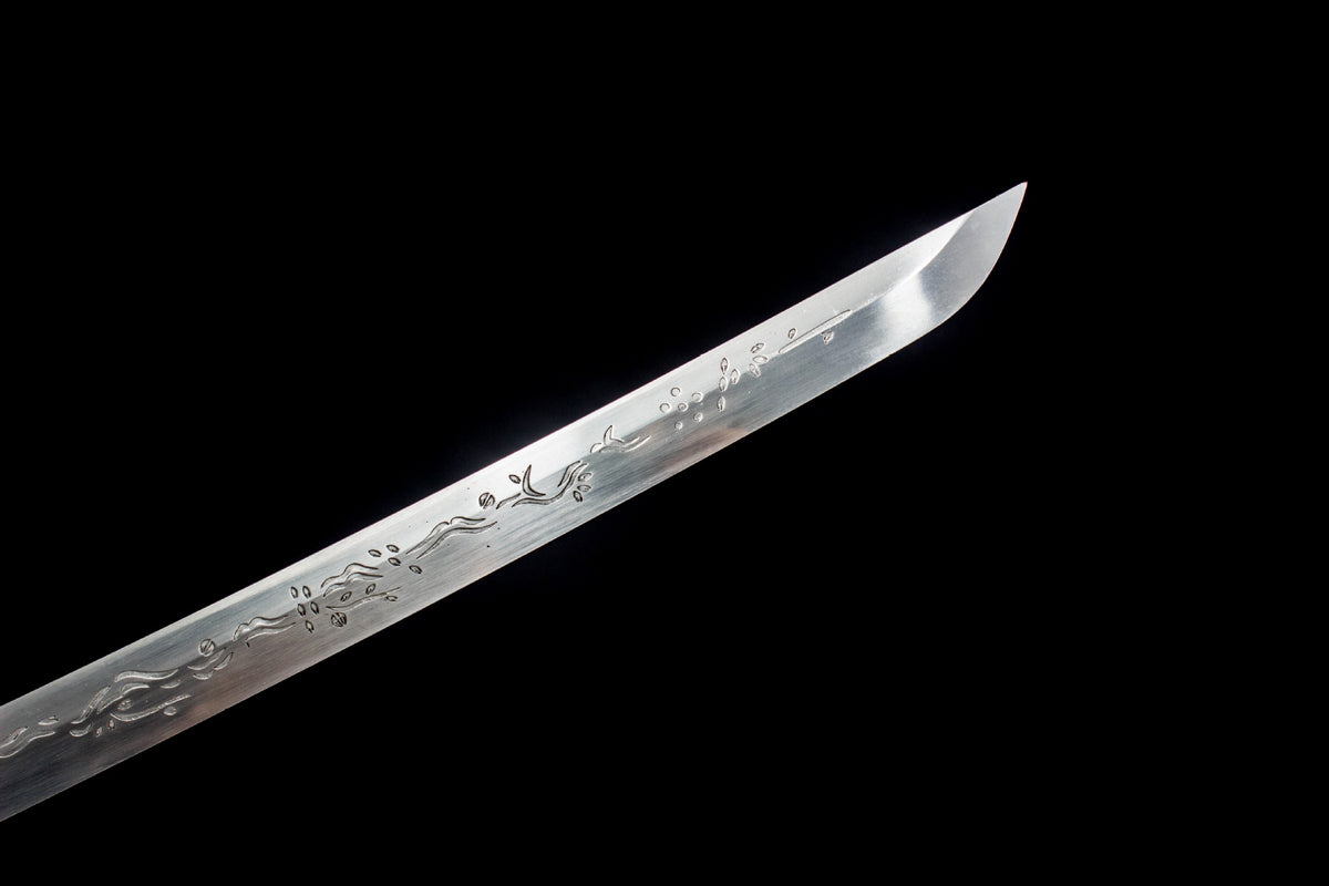 The Gilded Coil Katana with the gold serpentine artwork on the lacquer