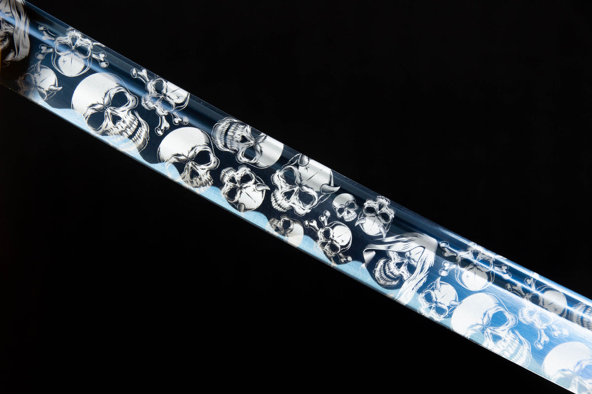 The Inkstorm Katana, showing the dark blade with pale etched motifs