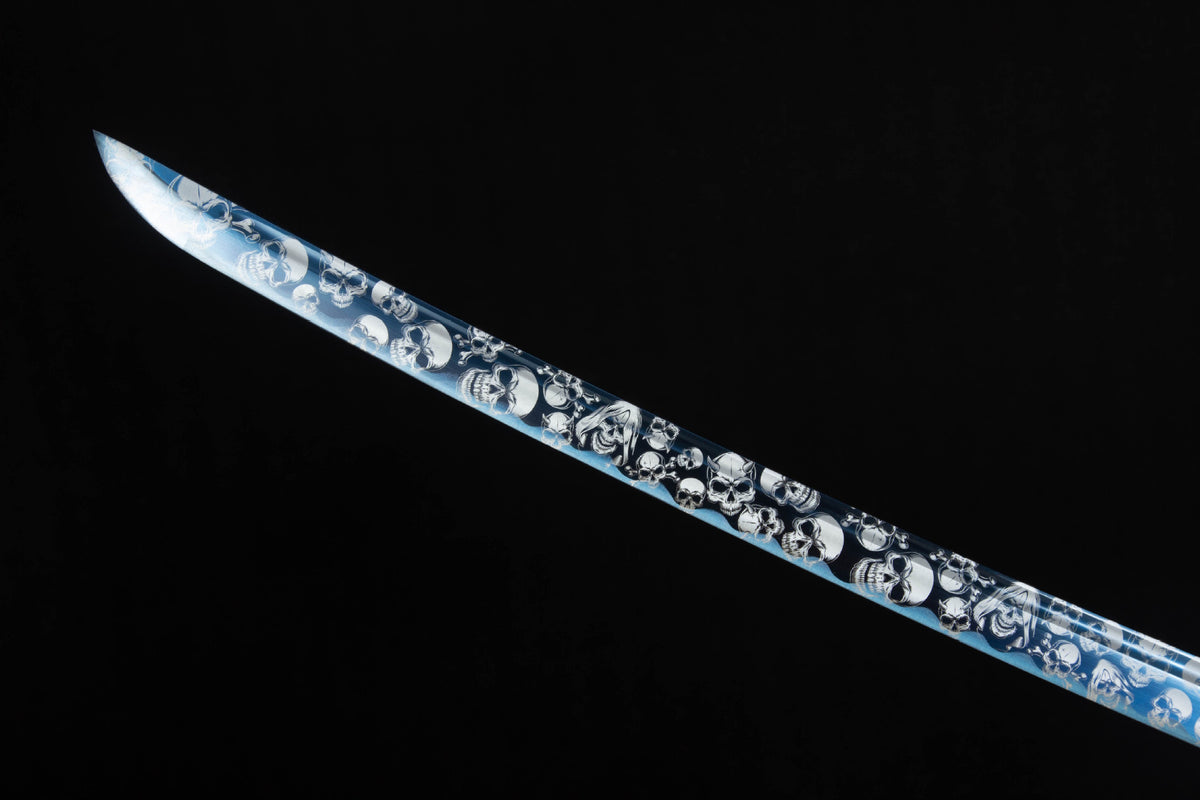 Close-up detail of the Inkstorm Katana, including the glossy black saya with silver floral motifs